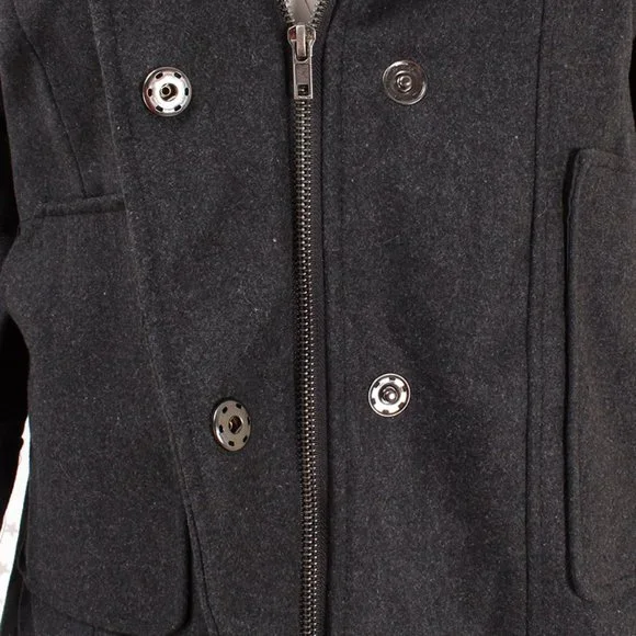 Charcoal Faux Fur Hooded Wool Blend Coat Jacket - Picture 4 of 9